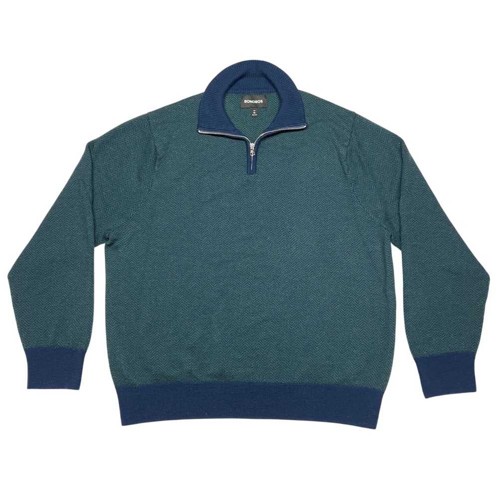 Bonobos 100% Merino Wool 1/4 Zip Sweater Mens XXL Blue Green Herringbone EUC‎